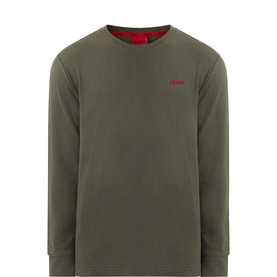 Hugo dark green cotton blend pyjama top with waffle texture, crew neck, long sleeves and small red logo embroidery on chest