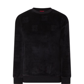 Hugo black velvet sweatshirt with tonal all-over logo print, ribbed cuffs and hem, crew neck