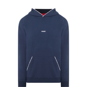 Hugo navy pullover hoodie with front kangaroo pocket, white logo print, and contrast red and white hood lining