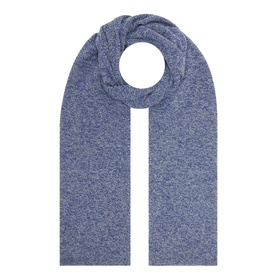 John Smedley Knit Oblong Scarf in dark blue marl cashmere-wool blend, coiled to show squared trims and ribbed texture