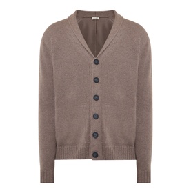 John Smedley Rockford Shawl Cardigan in light brown, V-neck with dark buttons, ribbed trims, cashmere-merino blend