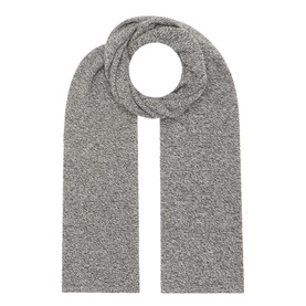 John Smedley Knit Oblong Scarf in grey marl cashmere-wool blend with squared trims, laid flat in looped display