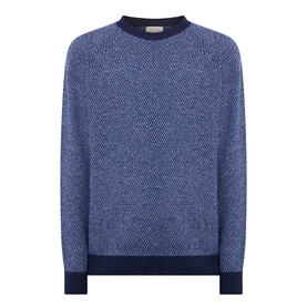 John Smedley Winslow Textured Knit Sweater in Blueprint Midnight, crew neck with ribbed trims and herringbone-textured cashmere-merino knit