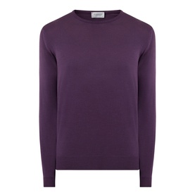 John Smedley Lundy Extra Fine Knit Sweater in Velvet Plum, crew neck with ribbed trims and long sleeves