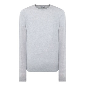 John Smedley Lundy Extra Fine Knit Sweater in light grey, crew neckline, long sleeves, ribbed trims, straight hemline