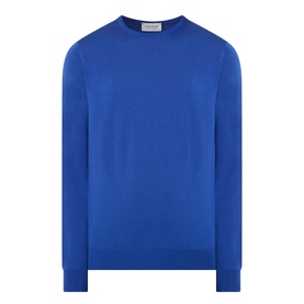 John Smedley Lundy Extra Fine Knit Sweater in Mazarine Blue, crew neckline, ribbed trims, long sleeves, lightweight wool knit