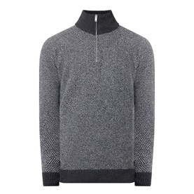 John Smedley Inghram Textured Half-Zip Sweater in Charcoal, featuring ribbed funnel neck, half-zip placket, and textured knit structure