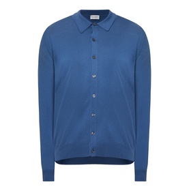 John Smedley Tibor Fine Knit Polo Cardigan in Teal Firth, fine knit wool with polo collar, front button fastening and ribbed trims