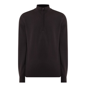 John Smedley Tapton Extra Fine Knit Half-Zip Sweater in dark brown, with high neck, ribbed trims, and long sleeves