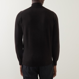 Model wearing John Smedley Tapton Extra Fine Knit Half-Zip Sweater in Dark Brown, rear view showing ribbed trims and long sleeves