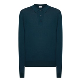 John Smedley Belper Extra Fine Knit Polo Shirt in dark green, long sleeves, flat knit collar, button fastening and ribbed trims