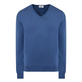 John Smedley Blenheim Extra Fine Knit Sweater in Teal Firth, V-neckline, long sleeves, ribbed cuffs and hem, 100% wool