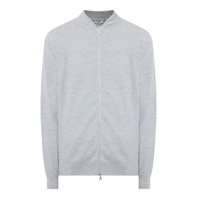John Smedley 16.Singular Extra Fine Knit Jacket in light grey, zip-through with shawl collar, ribbed trims, and long sleeves
