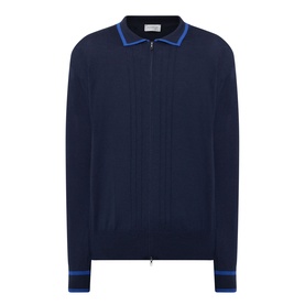 John Smedley Albie Tipped Cardigan in navy, extra fine knit zip-through with blue tipped flat collar, cuffs, and ribbed hem