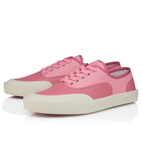 Christian Louboutin women's low-top canvas trainers in Bon Bon pink, lace-up style with contrast off-white sole and toe cap
