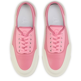 Christian Louboutin sneakers in Bon Bon pink leather with lace-up front, low-top silhouette, and off-white chunky sole, overhead view