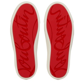 Christian Louboutin Bon Bon shoe insoles in red with embossed signature script and cream border, sole view