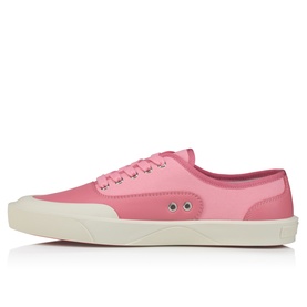 Christian Louboutin Bon Bon pink canvas lace-up low-top trainers with silver eyelets and cream sole, side view