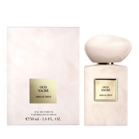 Armani Beauty Oud Nacr&eacute; Eau De Parfum 50ml, pale blush bottle with gold cap beside matching gift box