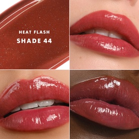 Armani Beauty Prisma Flash Lip Balm in Heat Flash Shade 44, a deep red tone, shown in a four-panel close-up lip swatch