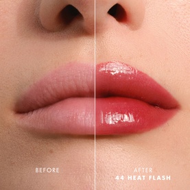 Armani Beauty Prisma Flash Lip Balm before and after lip swatch in shade 44 Heat Flash, showing enhanced gloss and colour payoff
