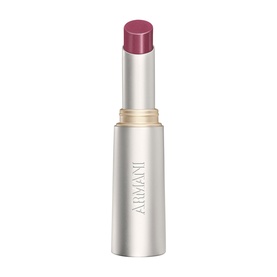 Armani Beauty Prisma Flash Lip Balm in a silver bullet tube with a deep berry-pink tinted balm visible at the tip