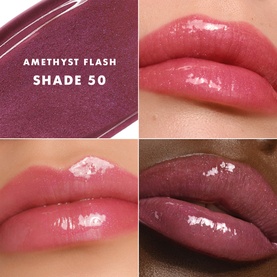 Armani Beauty Prisma Flash Lip Balm in Shade 50 Amethyst Flash, shown on three models' lips in a glossy berry-pink hue