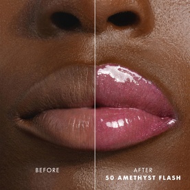 Armani Beauty Prisma Flash Lip Balm in shade 50 Amethyst Flash, before and after lip swatch showing glossy pink-mauve colour payoff