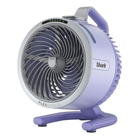 Shark FlexBreeze HydroGo Misting Fan in purple, compact tabletop design with circular grille, carry handle, and tilt stand