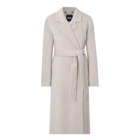 Hugo Boss open white wool-blend wrap coat with notched lapels, self-tie belt, and longline silhouette