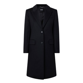Hugo Boss black wool coat with notched lapel, single-breasted button fastening, and flap pockets, knee length