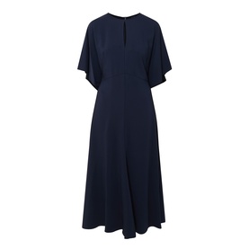 Hugo Boss dark blue midi dress with flutter sleeves, V-neckline, and flared skirt. 97% viscose fabric.