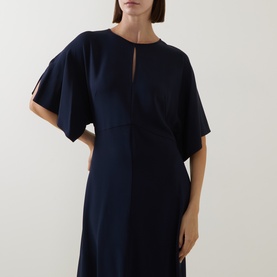 Model wearing Hugo Boss dark blue dress with keyhole neckline, flutter sleeves and fitted midi silhouette in stretch viscose fabric.