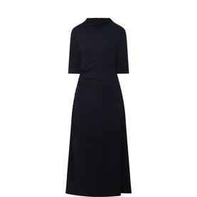Hugo Boss Open Blue midi dress with cowl neck, half sleeves, and ruched waist detail, in fluid viscose fabric