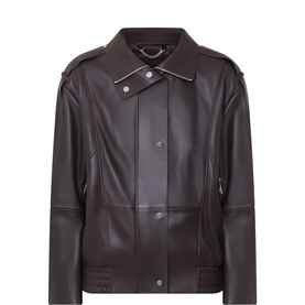 Hugo Boss medium brown sheepskin leather jacket with silver-tone zip detailing, asymmetric front fastening and woven trim at cuffs