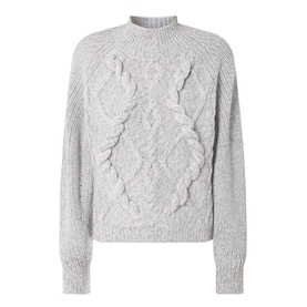 Hugo Boss grey marl cable-knit wool-blend sweater with raised diamond pattern and mock neck, cropped length