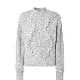 Hugo Boss grey marl cable-knit wool-blend sweater with raised diamond pattern and mock neck, cropped length