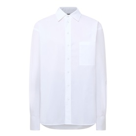 Hugo Boss Saturday Patch Pocket Oversized Shirt in white cotton, pointed collar, chest patch pocket, long sleeves, curved hem