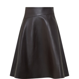 Hugo Boss medium brown lamb leather A-line midi skirt with wide waistband and full flared silhouette