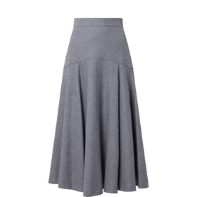 Hugo Boss open grey wool-blend midi skirt with high waist, panel seaming, and full A-line flared silhouette