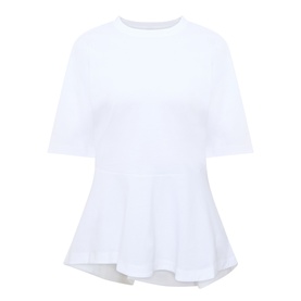 Hugo Boss white cotton T-shirt with crew neck, short sleeves, and tiered peplum hem detail