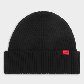 Hugo black wool ribbed beanie with wide folded cuff and small red logo patch at front.