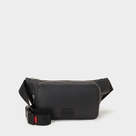 Hugo black bum bag with silver zip, red branded tab, and wide adjustable woven strap
