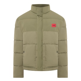Hugo casual jacket in Open Green, quilted puffer style with funnel neck, zip fastening and red logo patch on chest