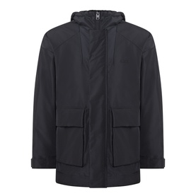 Hugo black casual jacket with hood, large front patch pockets and zip fastening, laid flat on white background