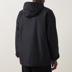 Model wearing Hugo Casual Jacket in black, rear view showing hooded back and relaxed fit