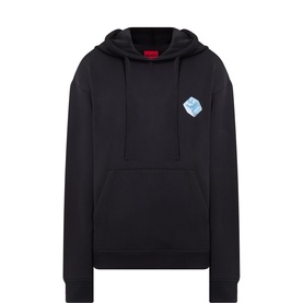 Hugo black cotton hoodie with blue graphic patch on chest, kangaroo pocket, and red-lined hood