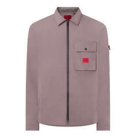 HUGO zip-through overshirt in taupe, with chest patch pocket, red logo tab, and spread collar