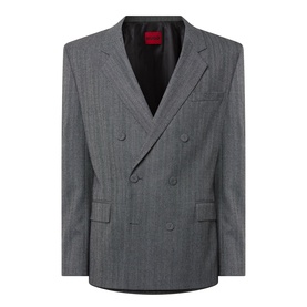 Hugo dark grey double-breasted suit jacket with pinstripe detail, notch lapels, and structured shoulders