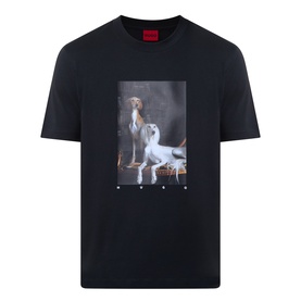 Hugo black cotton T-shirt with large dog photographic graphic print on chest, crew neck, short sleeves